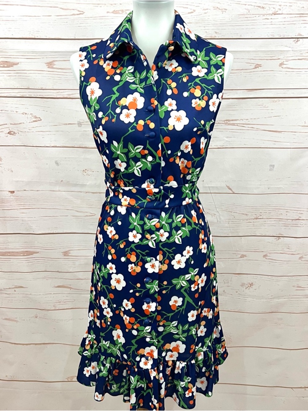 Vintage 60s 70s Retro Button Up Sleeveless Collared Floral Ruffle Trim Dress